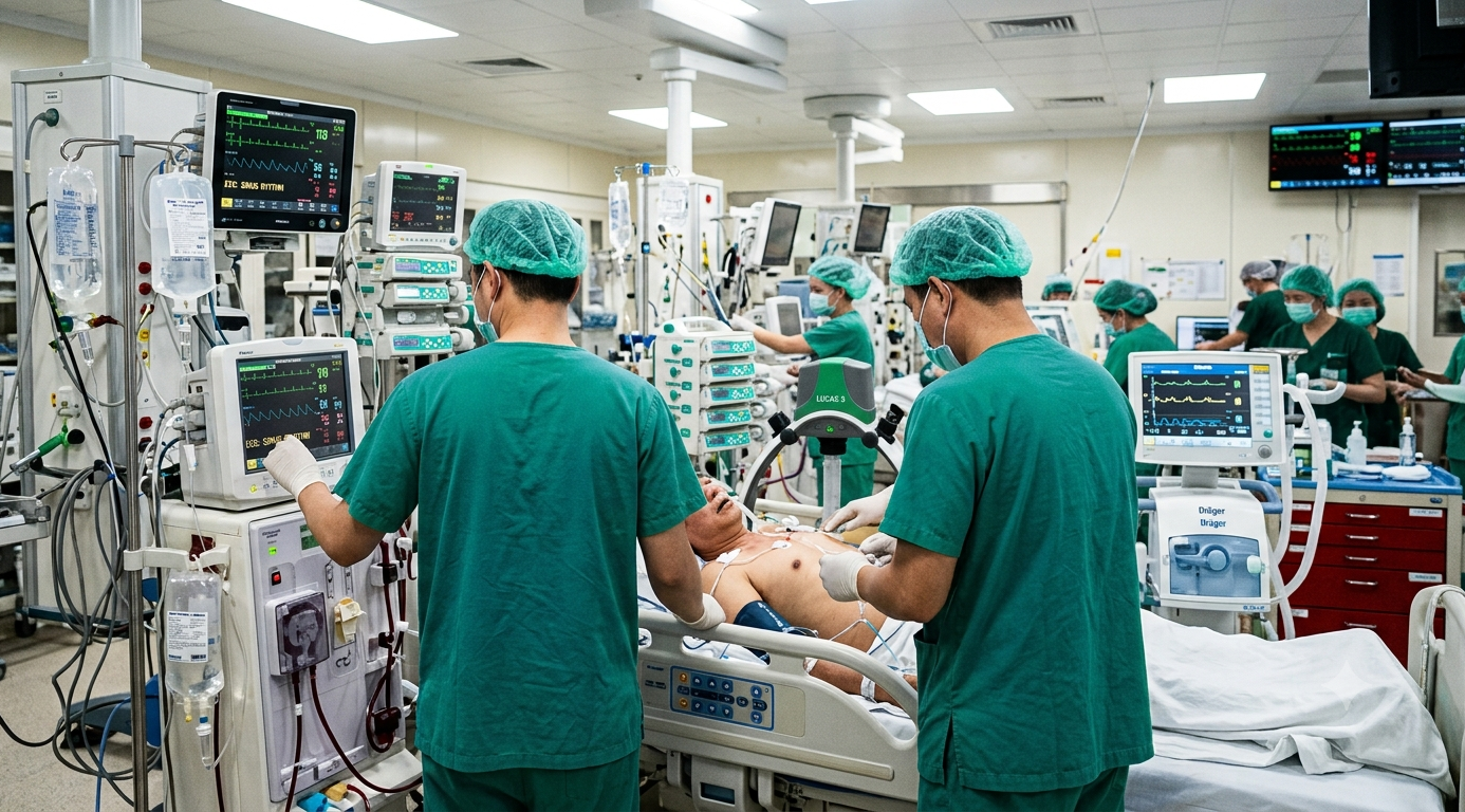 CẤP CỨU THÀNH CÔNG BỆNH NHÂN NHỒI MÁU CƠ TIM NGƯNG TIM NGOẠI VIỆN BẰNG SỰ PHỐI HỢP GIỮA Ê KÍP HỒI SỨC TIM PHỔI, CAN THIỆP MẠCH VÀ LỌC MÁU CẤP CỨU